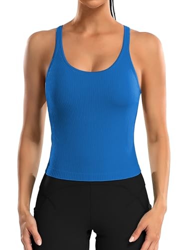 ATTRACO WOMEN RIBBED WORKOUT CROP BUILT BRA YOGA RACERBACK TANK – ROYAL BLUE