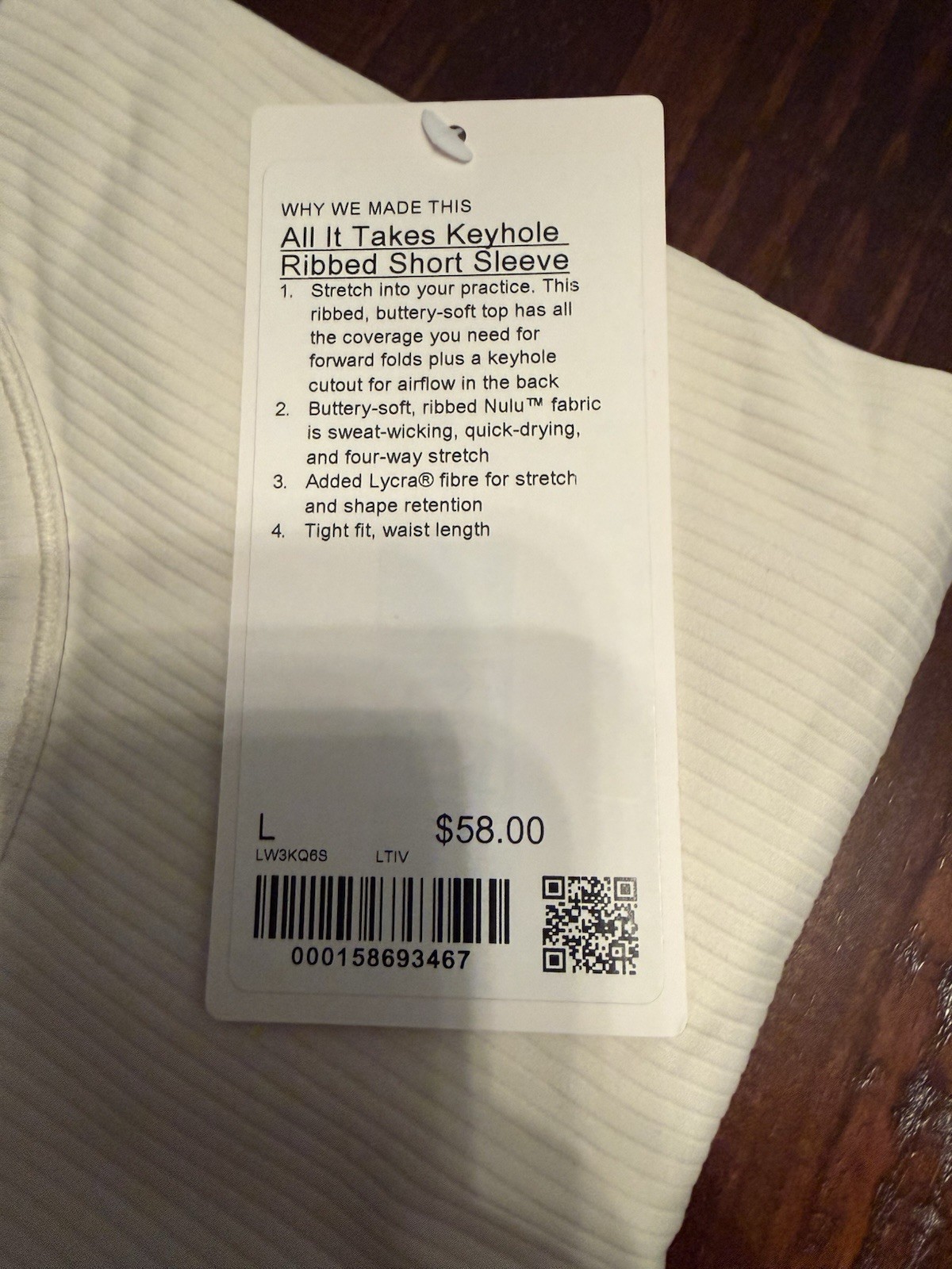 Lululemon Size Large All It Takes Ribbed Keyhole Short-Sleeve Shirt, Light Ivory