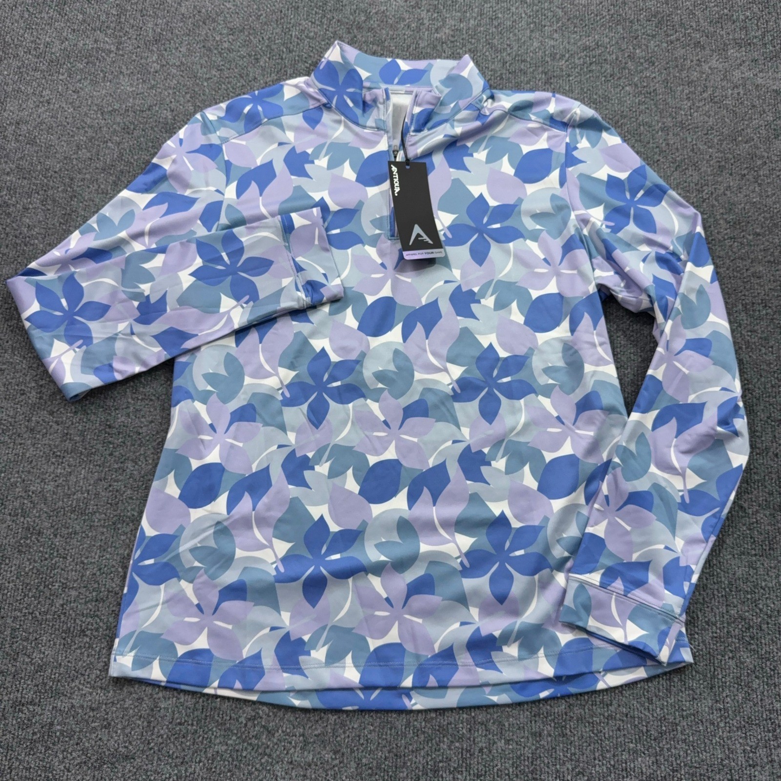 Antigua Effort QZ Mock Pullover Women M Blue Purple Floral Leaf 1/4 Zip Golf