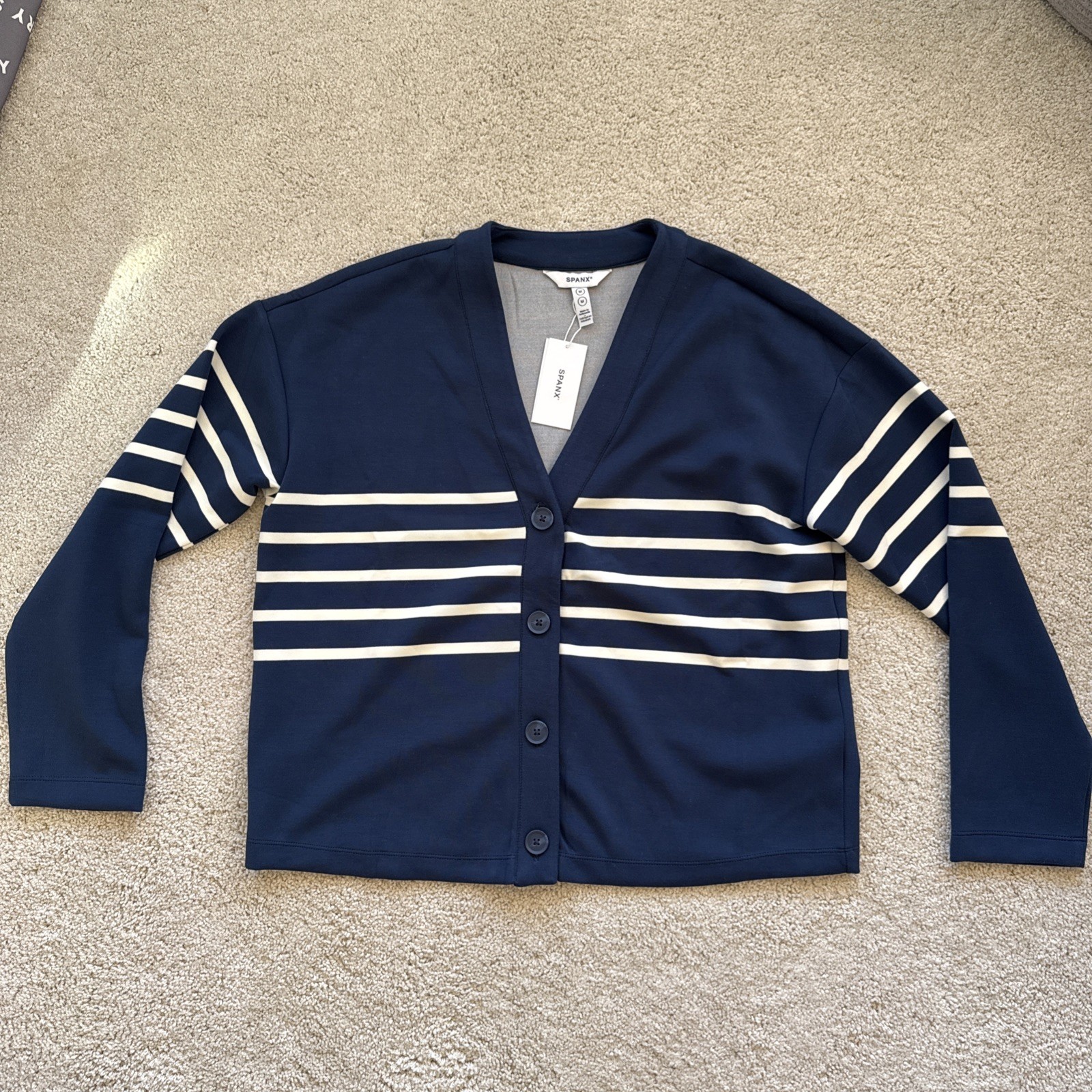 NWT Spanx Air Essentials Cardigan Stripe | Navy Stripe Button-Down | Size Medium