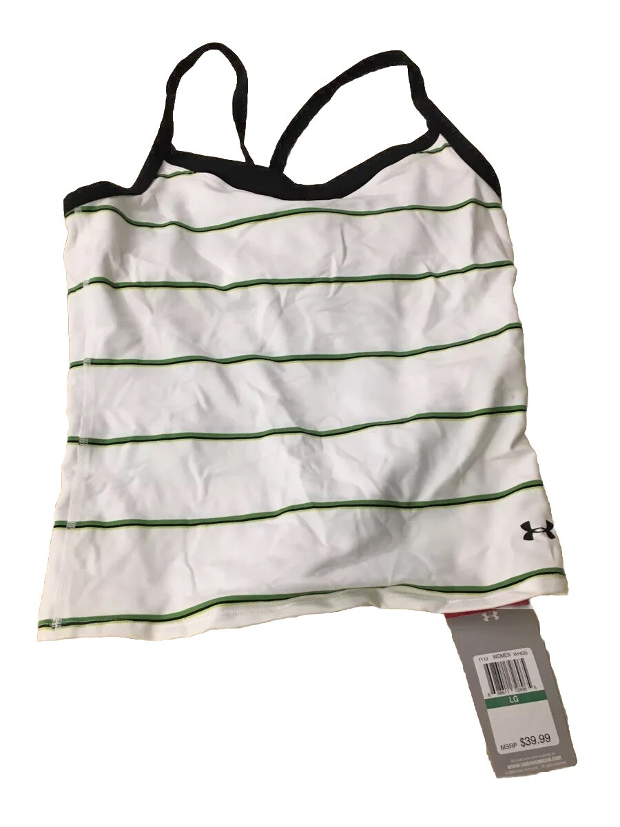 NEW Under Armour Womens Large Agility Tankini Green & White Striped Shirt