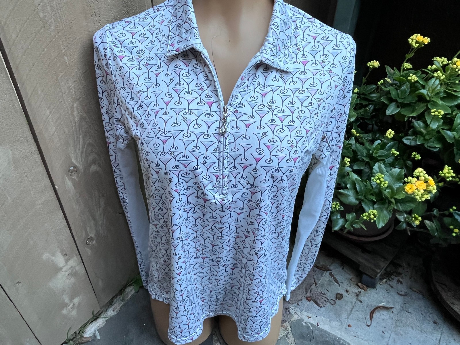 SanSoleil UPF 50 1/4 Zip WHITE w/ Martini Glasses Long Sleeve Top Women’s S