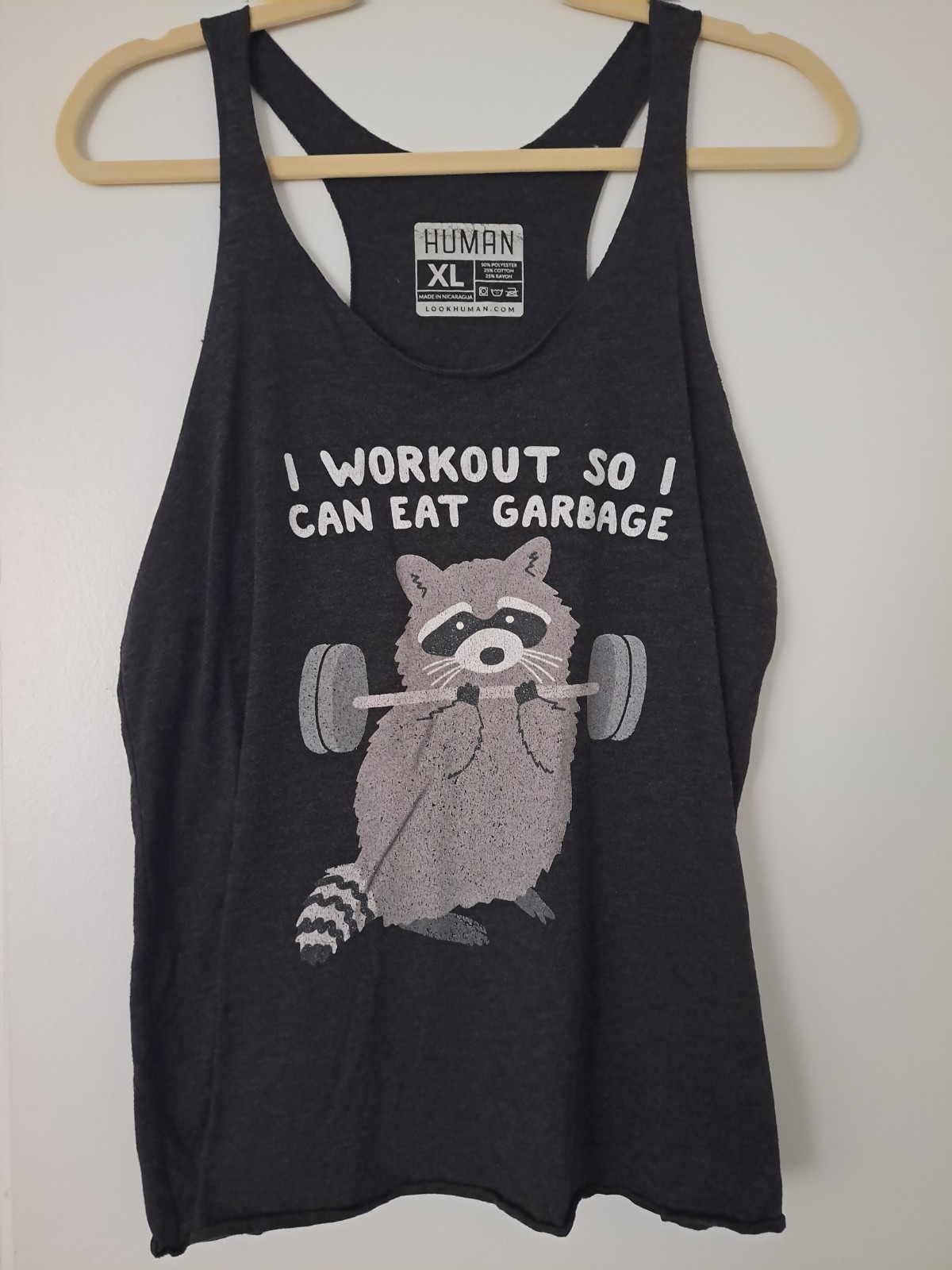 Look Human Racerback Tank, XL “I Workout So I Can Eat Garbage” Raccoon Graphic