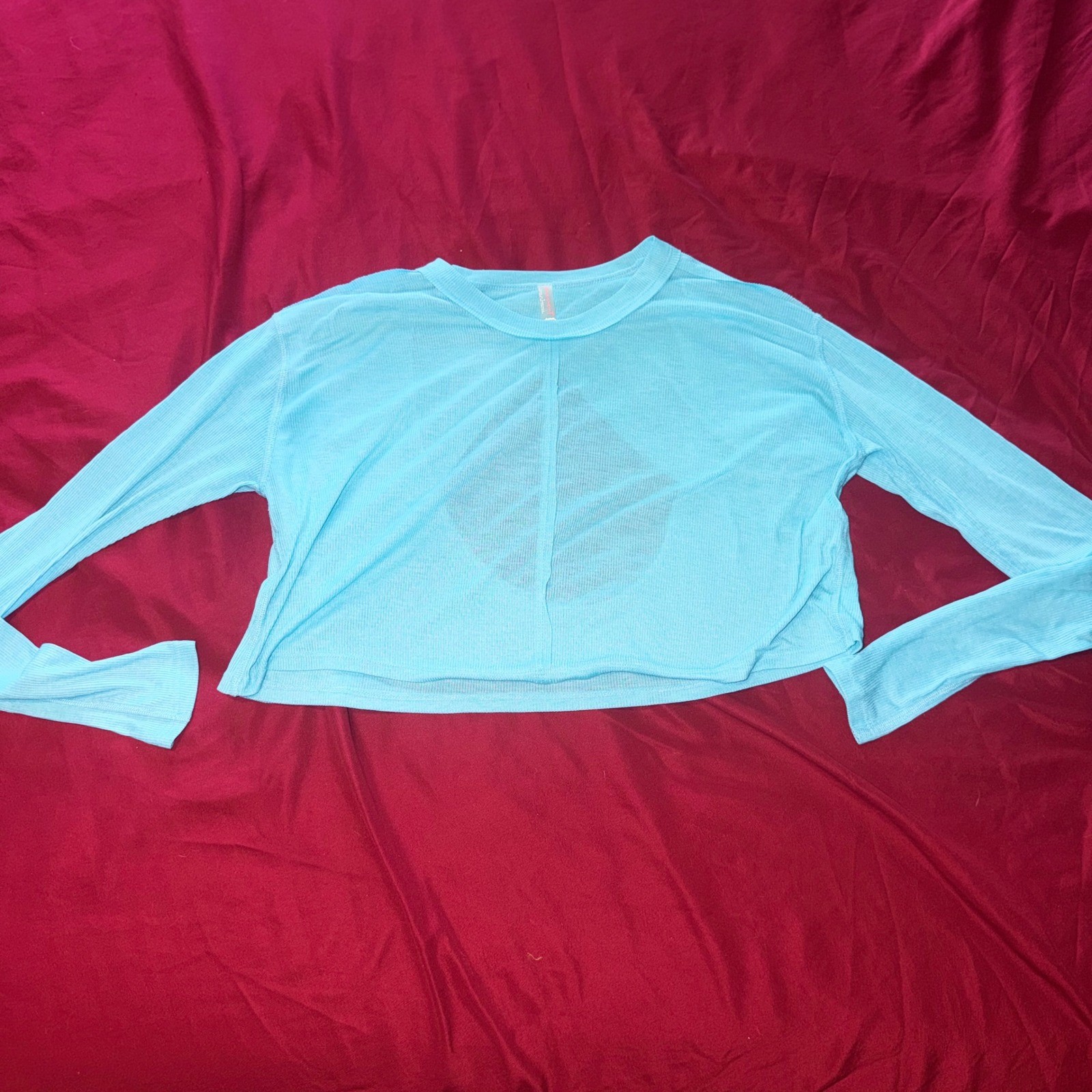 FP Movement Crop Top Women Small Blue Long Sleeve Open Back Ribbed Athleisure