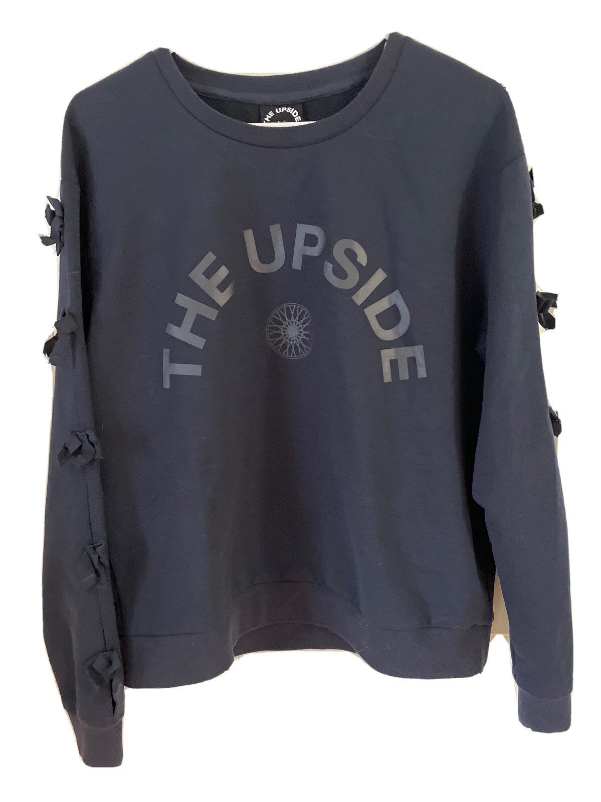 THE UPSIDE knit Top Sz 8 M Long Sleeve tie sides Blue Logo cotton blend New