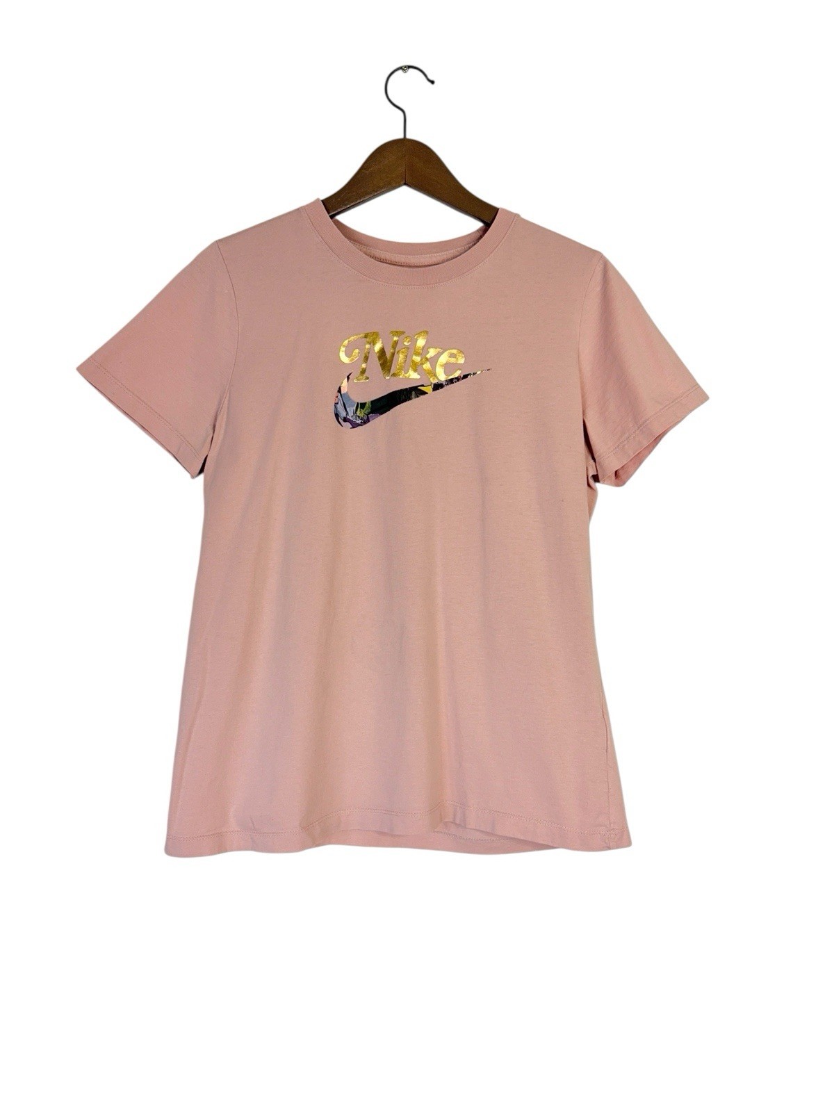 The Nike Tee Logo Floral Metallic Gold Swoosh Women’s Size Large 100% Cotton