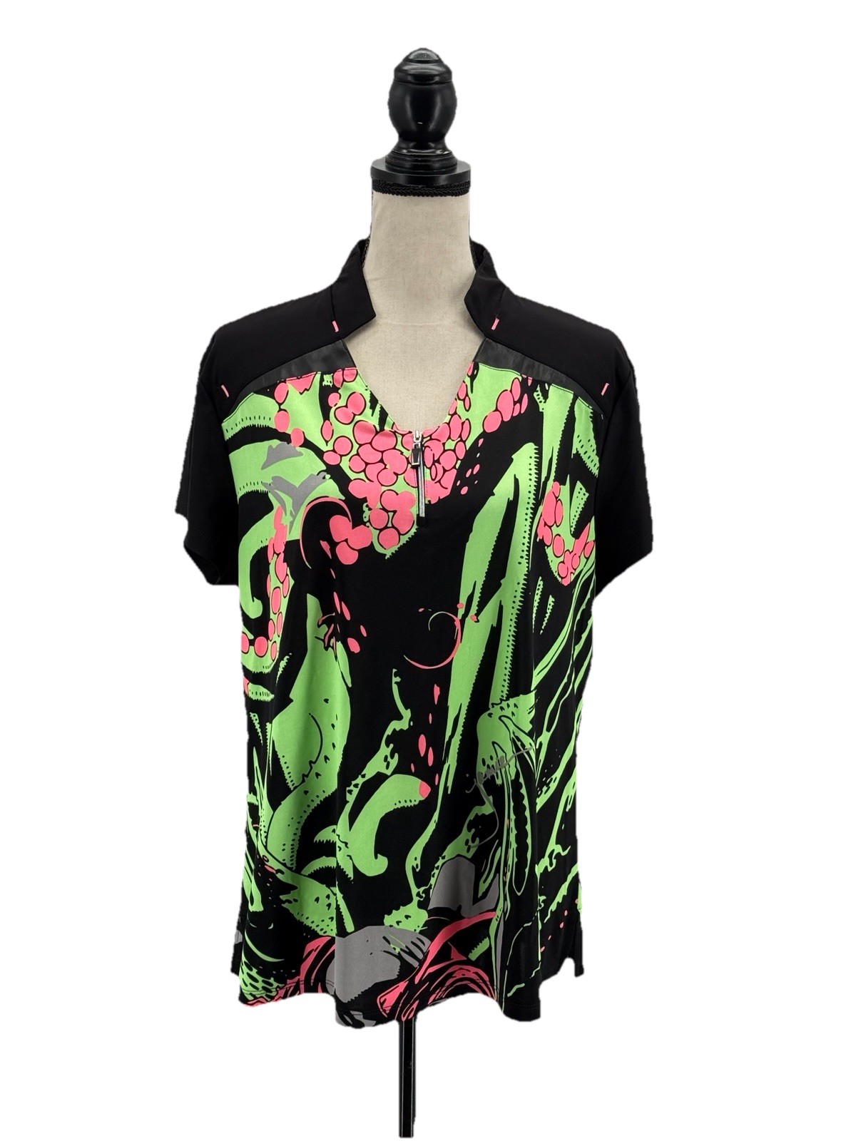 Jamie Sadock Womens Quarter Zip Active Top Black Tropical Floral XL Short Sleeve