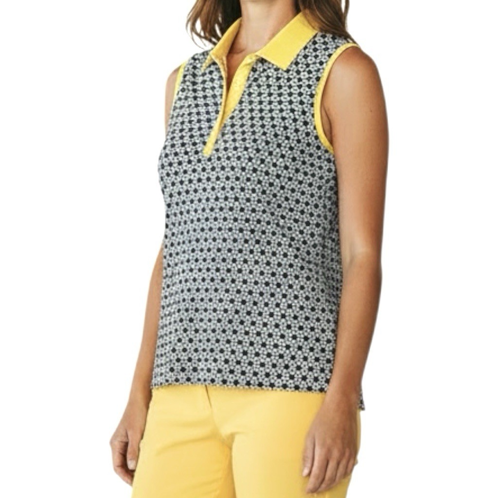 Nivo Sport Polo Golf Black Bright Yellow Geo Floral Sleeveless Shirt Top S