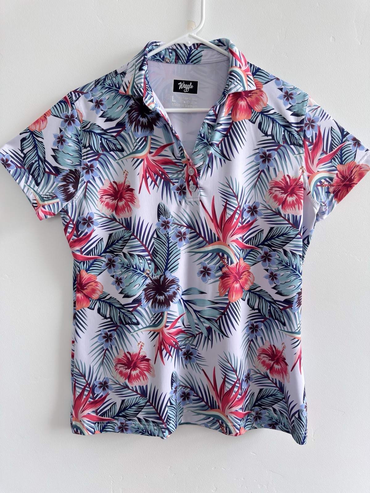 Waggle Women’s L Tropical Floral Stretch Short Sleeve Collared Golf Polo Shirt