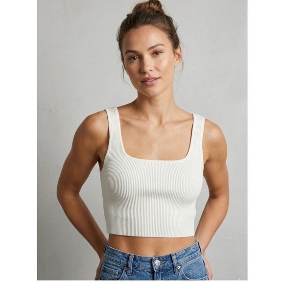 Aritzia Babaton Sculpt Knit Ribbed Squareneck Cropped Tank Top Off White Small