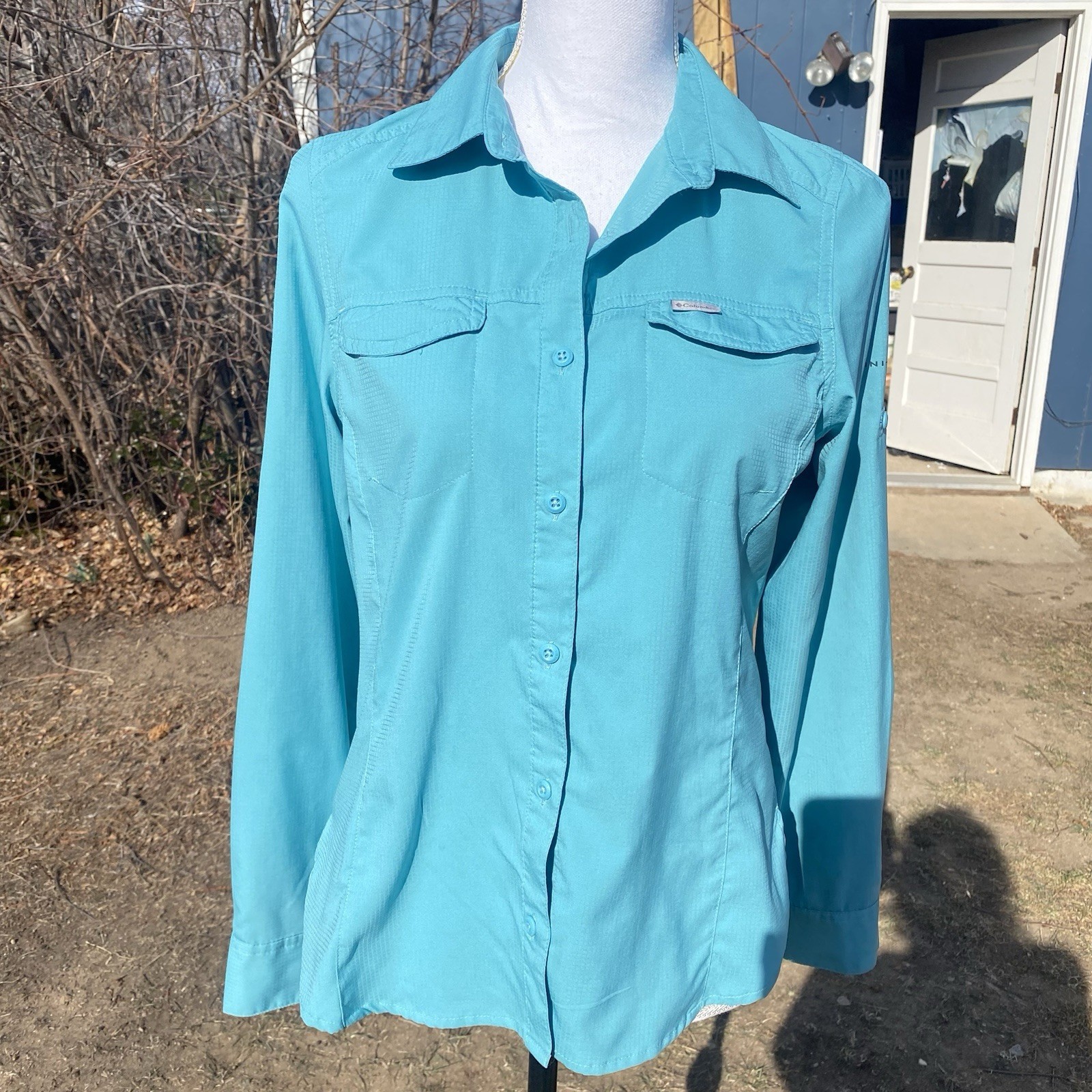 Columbia PFG Petite Small LS Shirt Aqua Blue Omni-Shade Vented Hiking Fishing