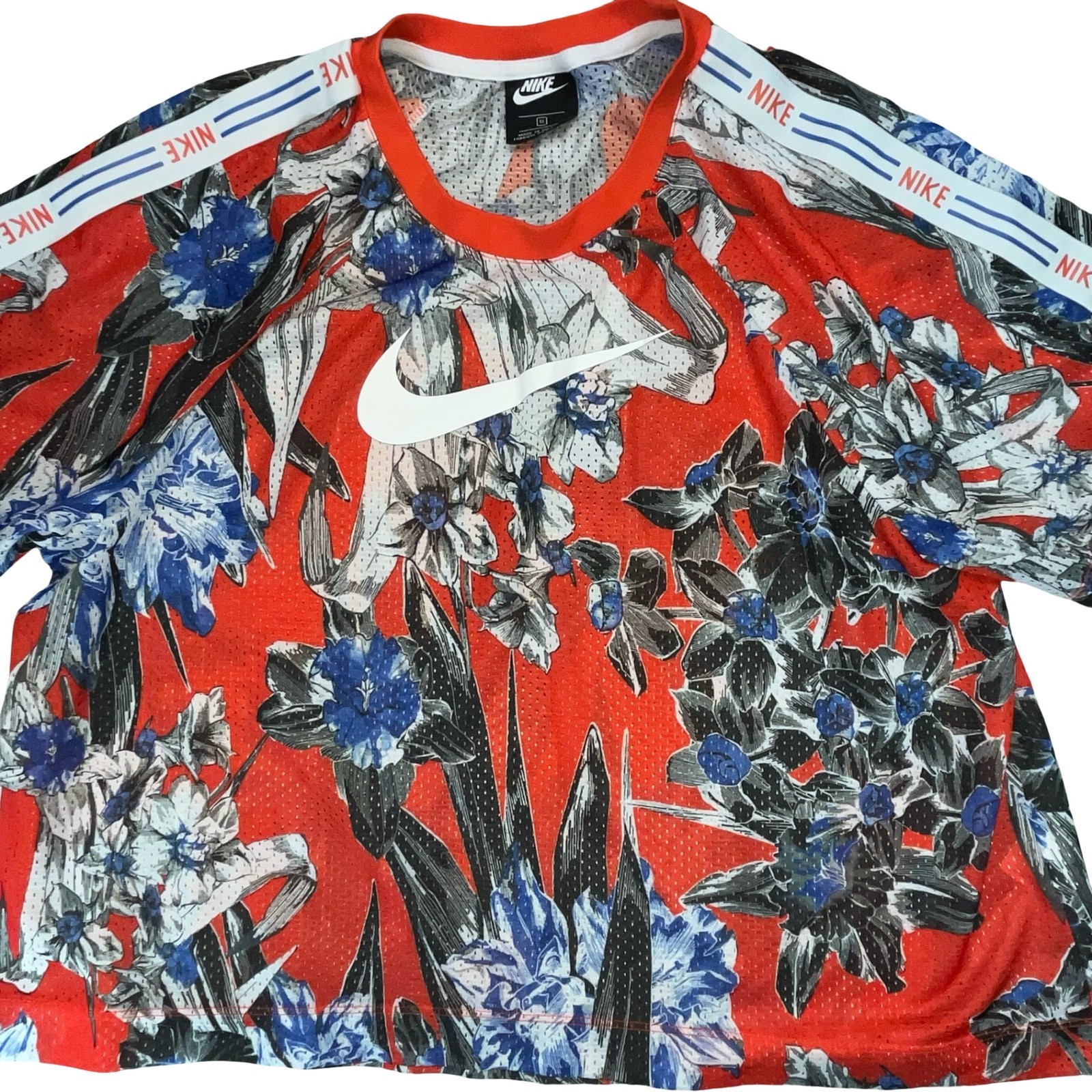 Nike Womens Jersey Top Red Floral Mesh Logo Tape Sporty Streetwear 1X