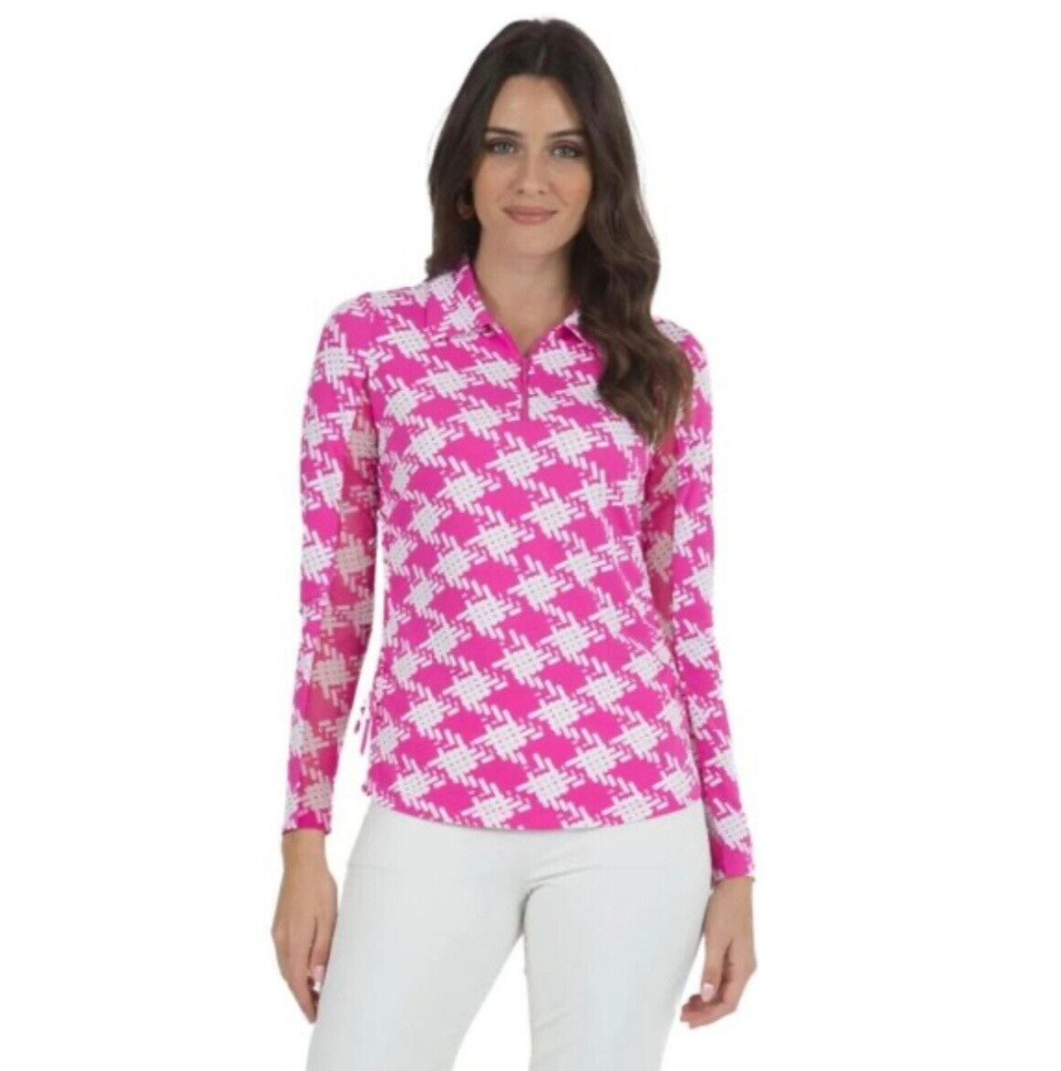 IBKUL Kimberly Print Adjustable Length Polo White/Hot Pink Sz S UPF 50
