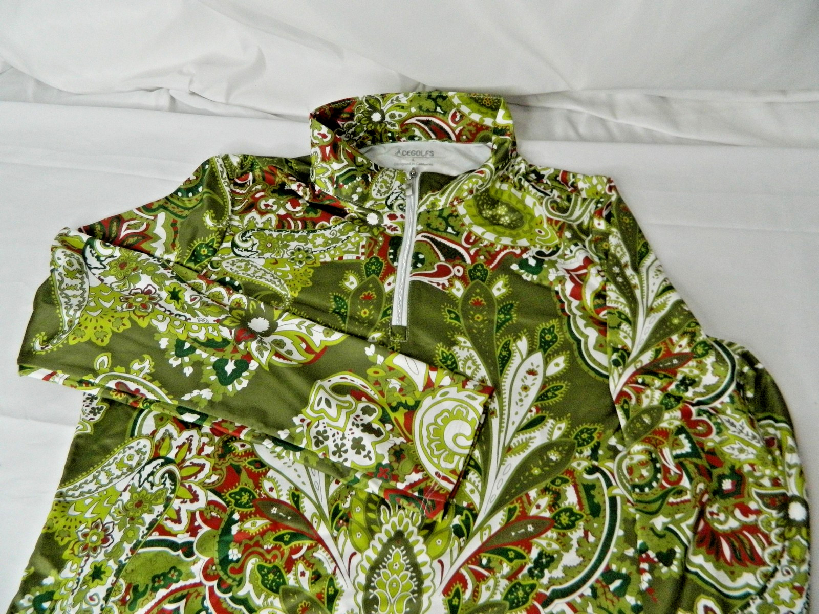 ACEGOLFS Pullover Shirt Womens Large Green Paisley 1/4 Zip UPF 50+ UV Golf