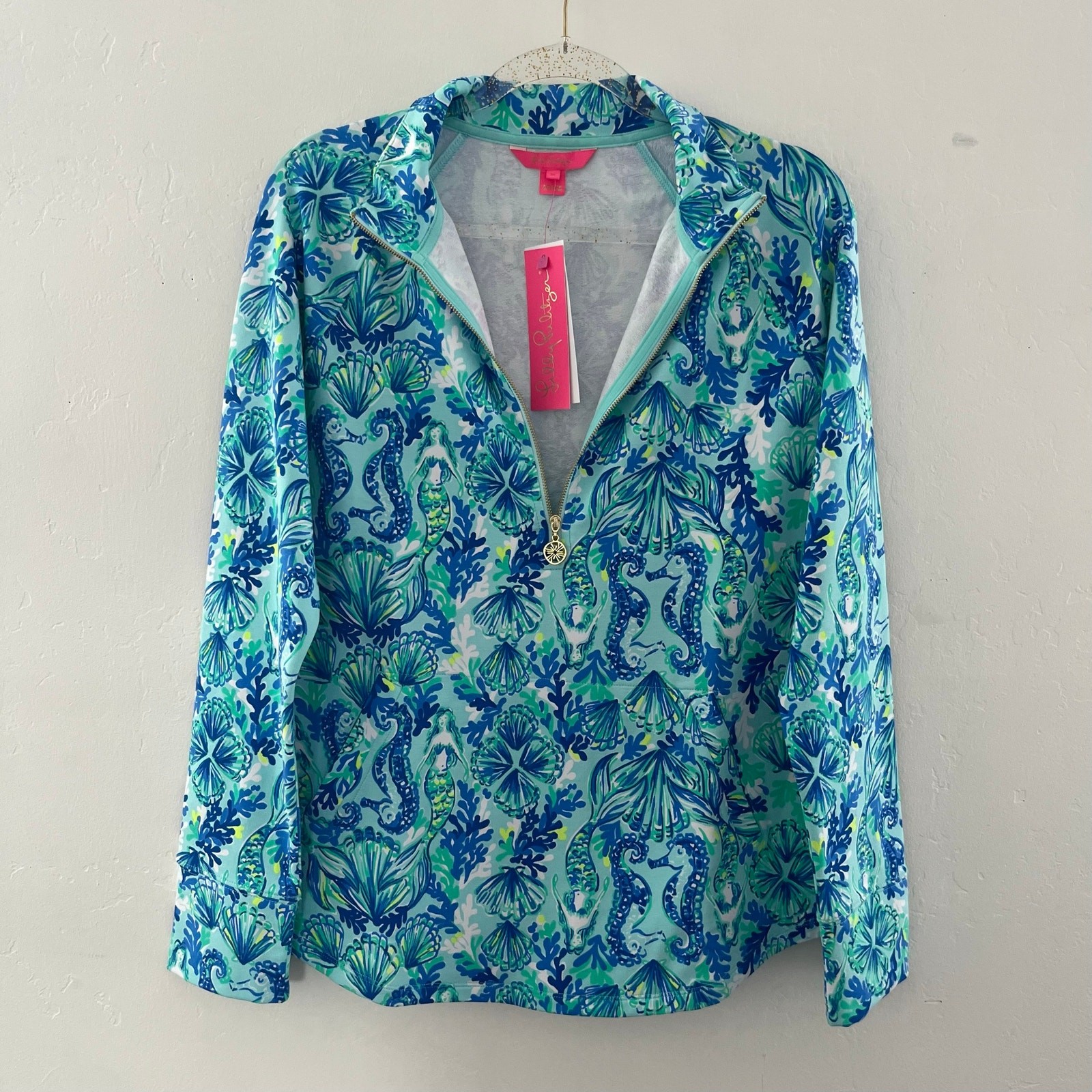 Lilly Pulitzer Seeing Double UPF50+ Skipper Popover in Sea Glass Aqua Medium NEW