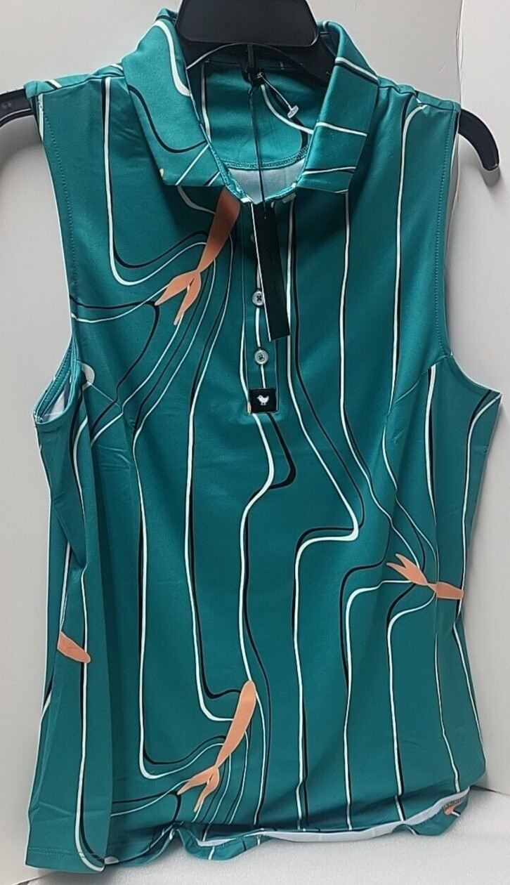 Women’s L Bad Birdie Koi Joy Turquoise Golf Polo Sleeveless Shirt Top $78 NEW WT