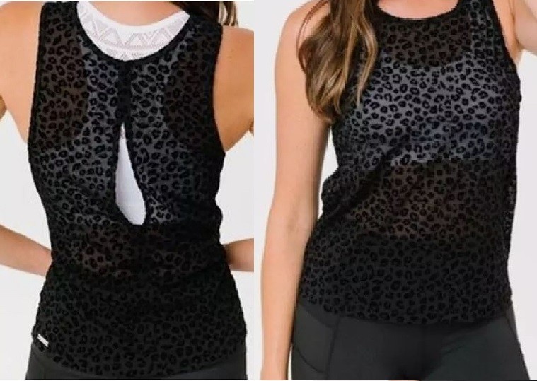 ZYIA Active Tank Womens Large Black Sheer Animal Print Open Back Athleisure