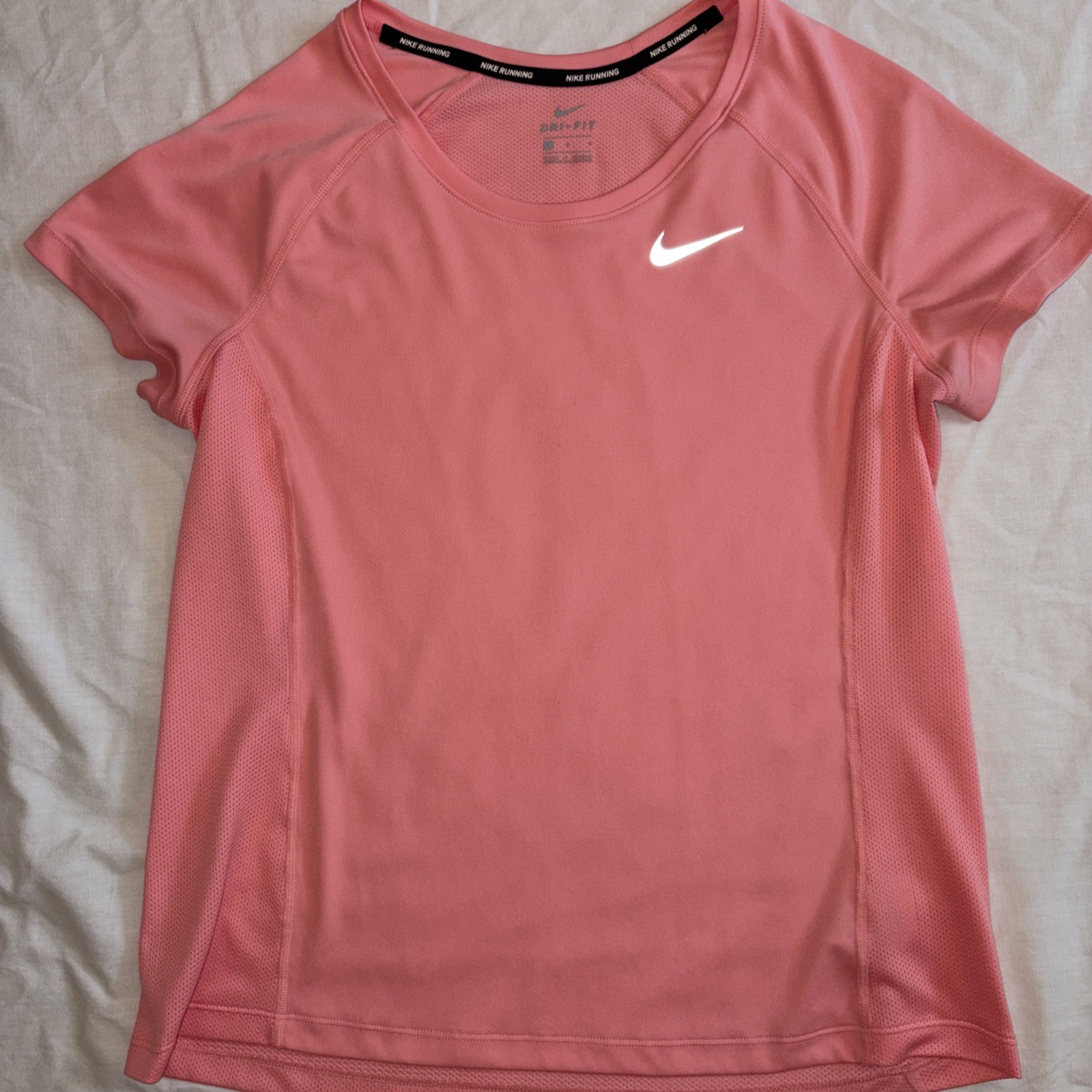 NIKE Running Dri-Fit Short Sleeve Coral Pink Women’s L, Mesh Back+Sides T-Shirt