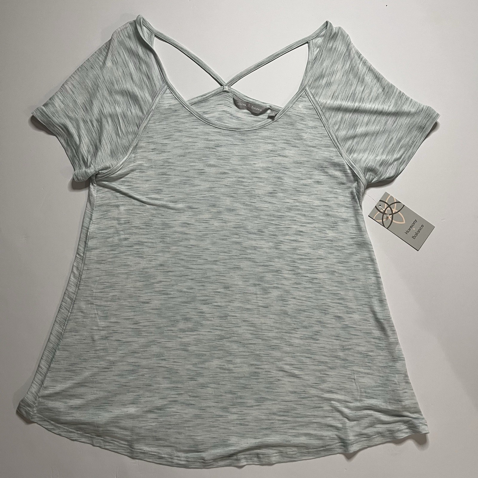 Harmony Balance Womens Green Short Sleeve Strap Back Yoga Top Lightweight Large
