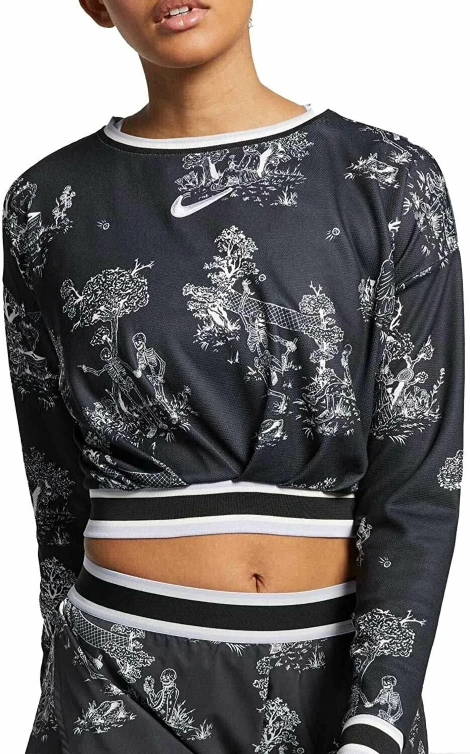 NIKE Court Tennis Crop Top Black PARIS Collection Skeleton Print LS Womens Sz L