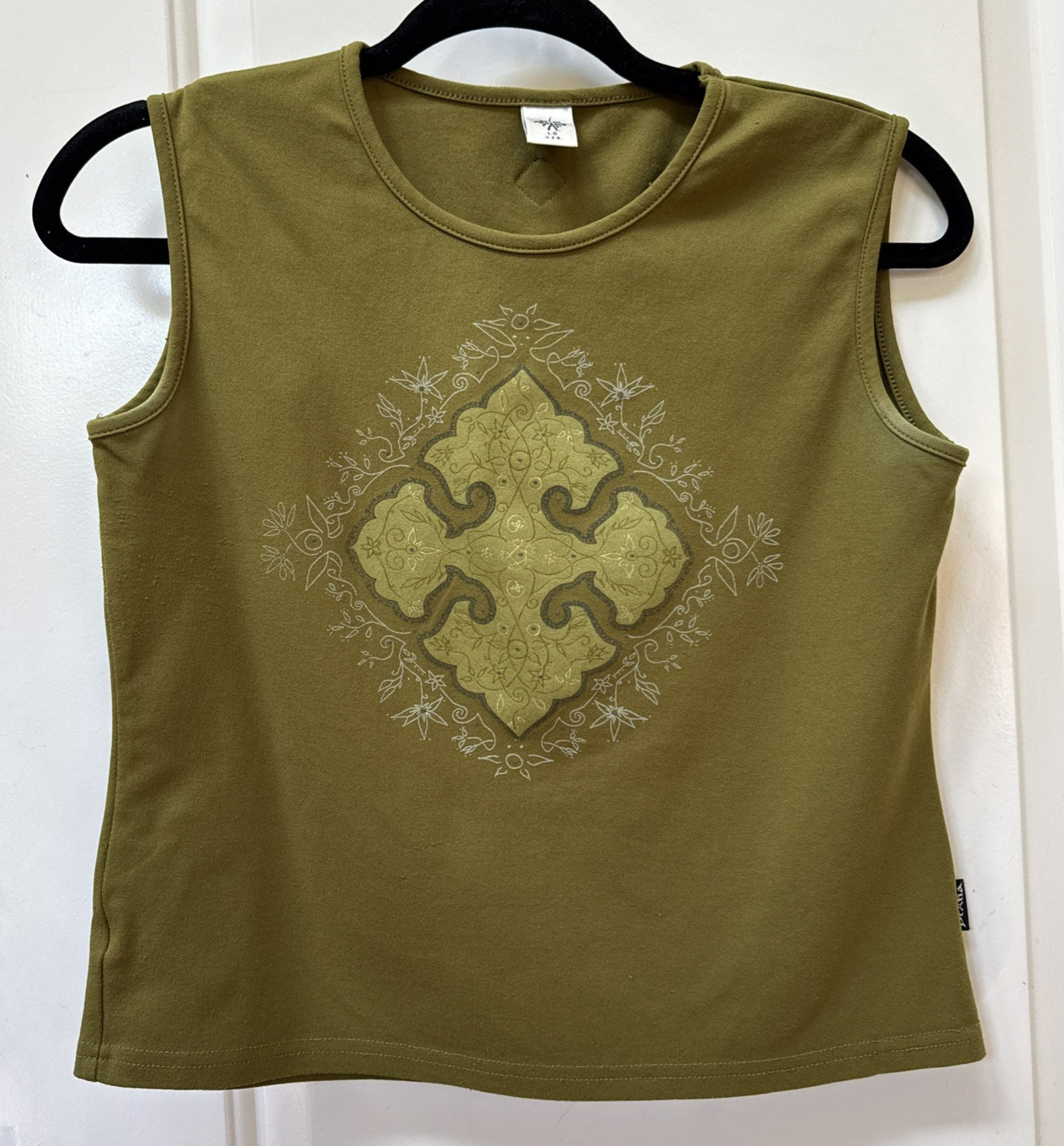 PrAna Women’s Tank Top Y2K Sleeveless Green L Boho Cross Graphic Print Yoga Soft