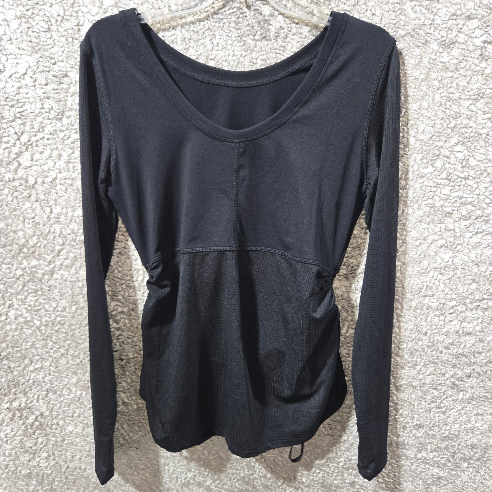 Fabletics Cashel Scoop Back LS Top Black Mesh Drawcord Size Medium NEW