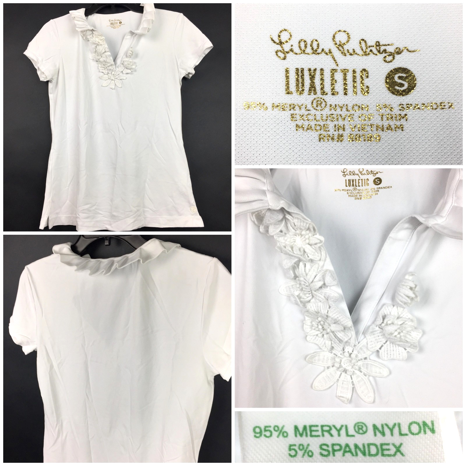 Lilly Pulitzer Womens Small (34 in Bust) Resort White Frida Luxletic Flower Polo