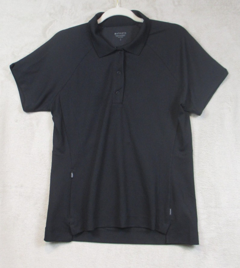Athleta Everyday Polo Tee Womens L Short Sleeve Snap Black Stretch