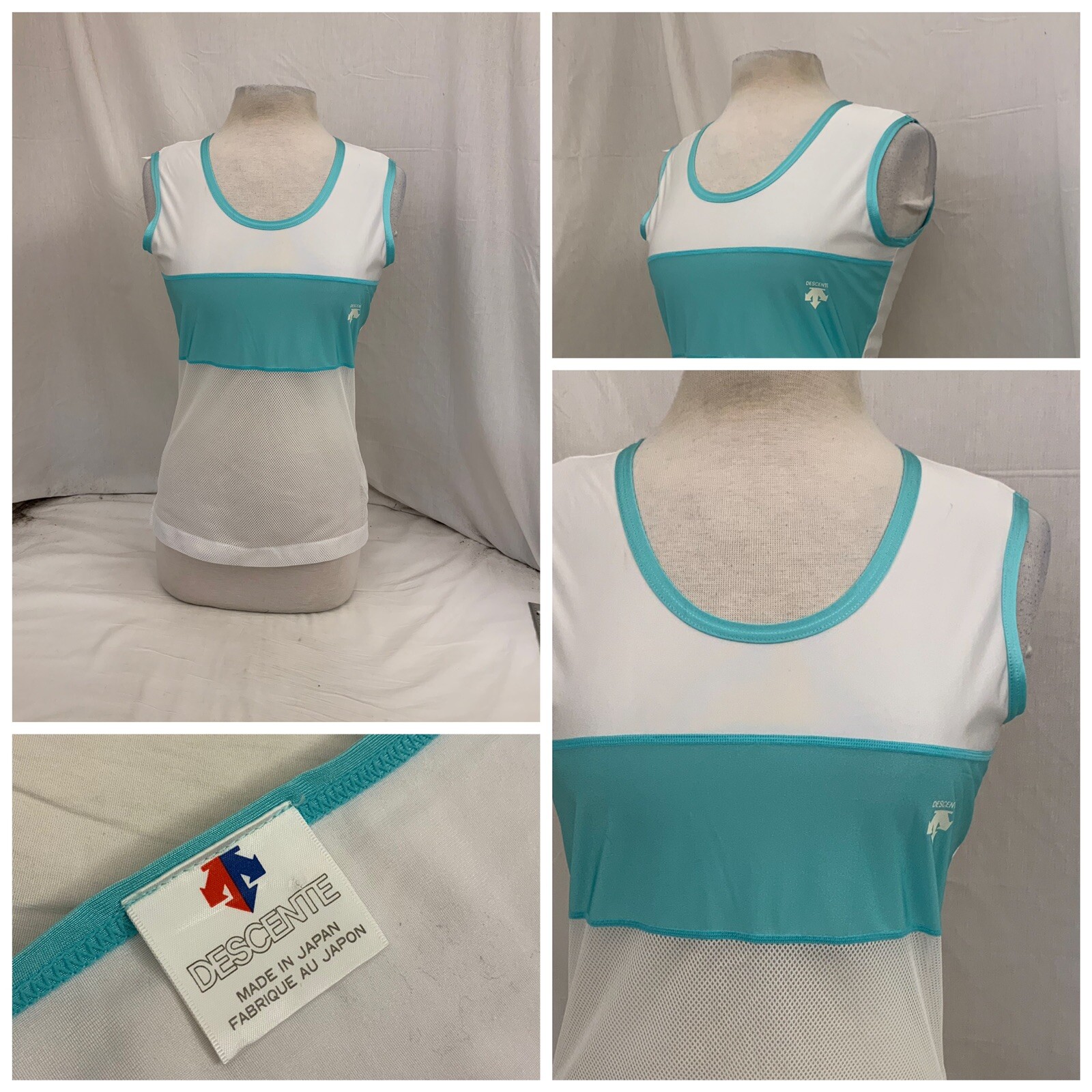 Descente Shirt M White Blue 100% Poly Tanktop Running Japan YGI N2-148