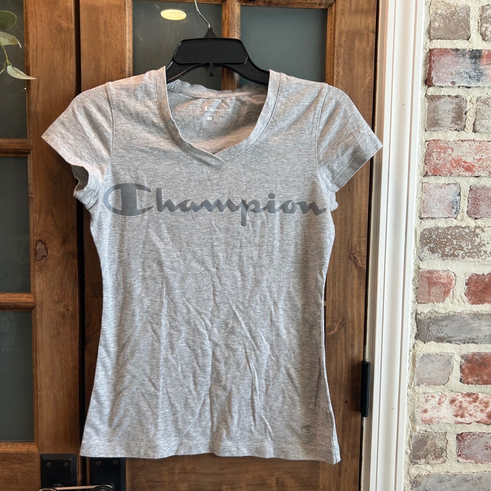 Champion Womens Heather Gray Double Dry V Neck Short Sleeve T Shirt Size S