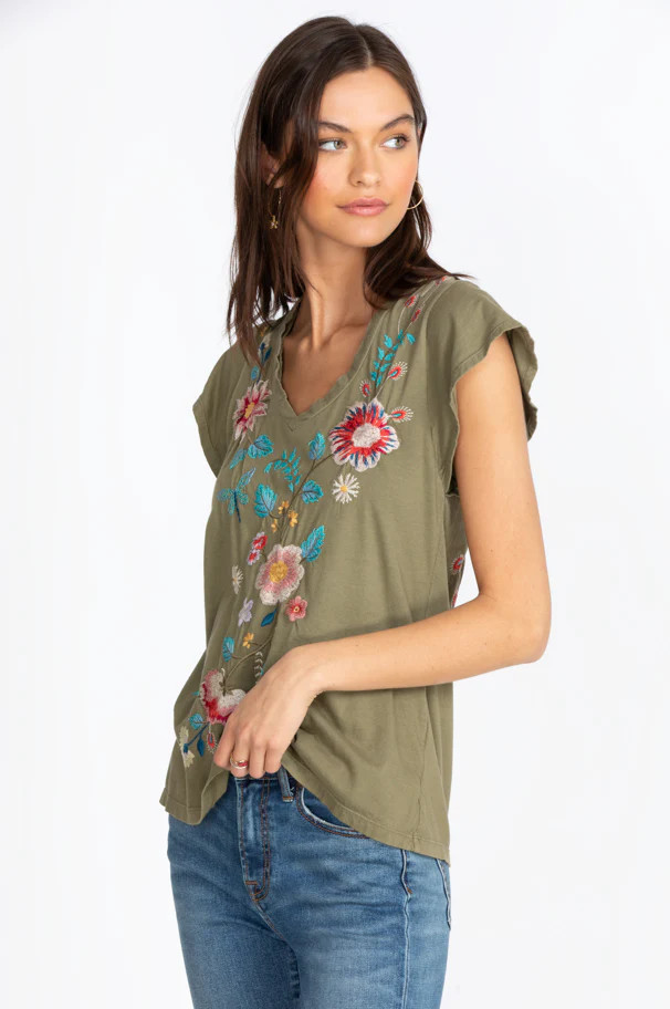 Johnny Was Grace Flutter Sleeve Tee Black Shirt Floral Embroidery Top NEW
