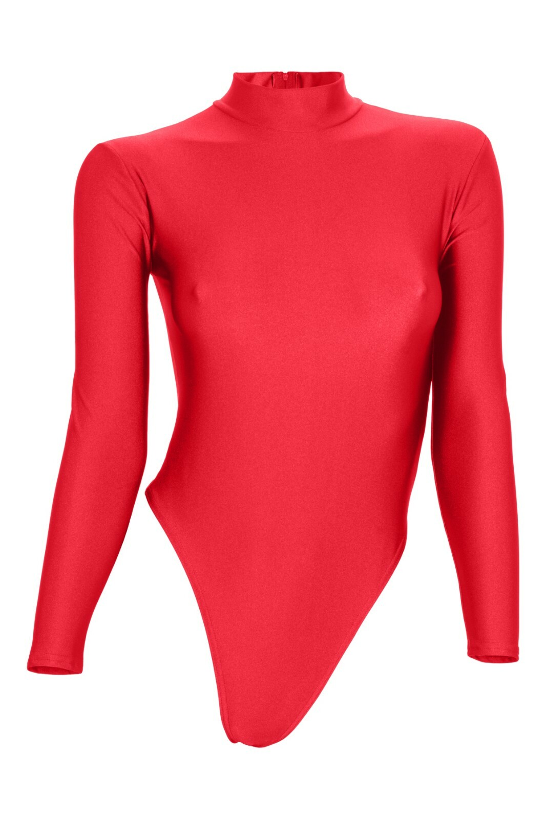 Women’s string body long sleeves back zip red leotard stretch shiny shiny