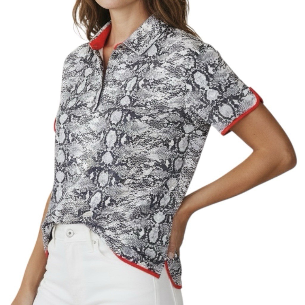 Nivo Activewear Top Polo Gray Red Animal Print Short Sleeve Collar Sz M NWOT