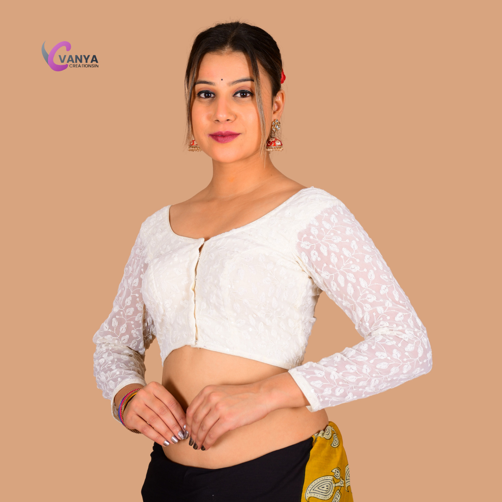 Chikankari embroidery Round-Neck Sleeves Saree Blouse – White blouse