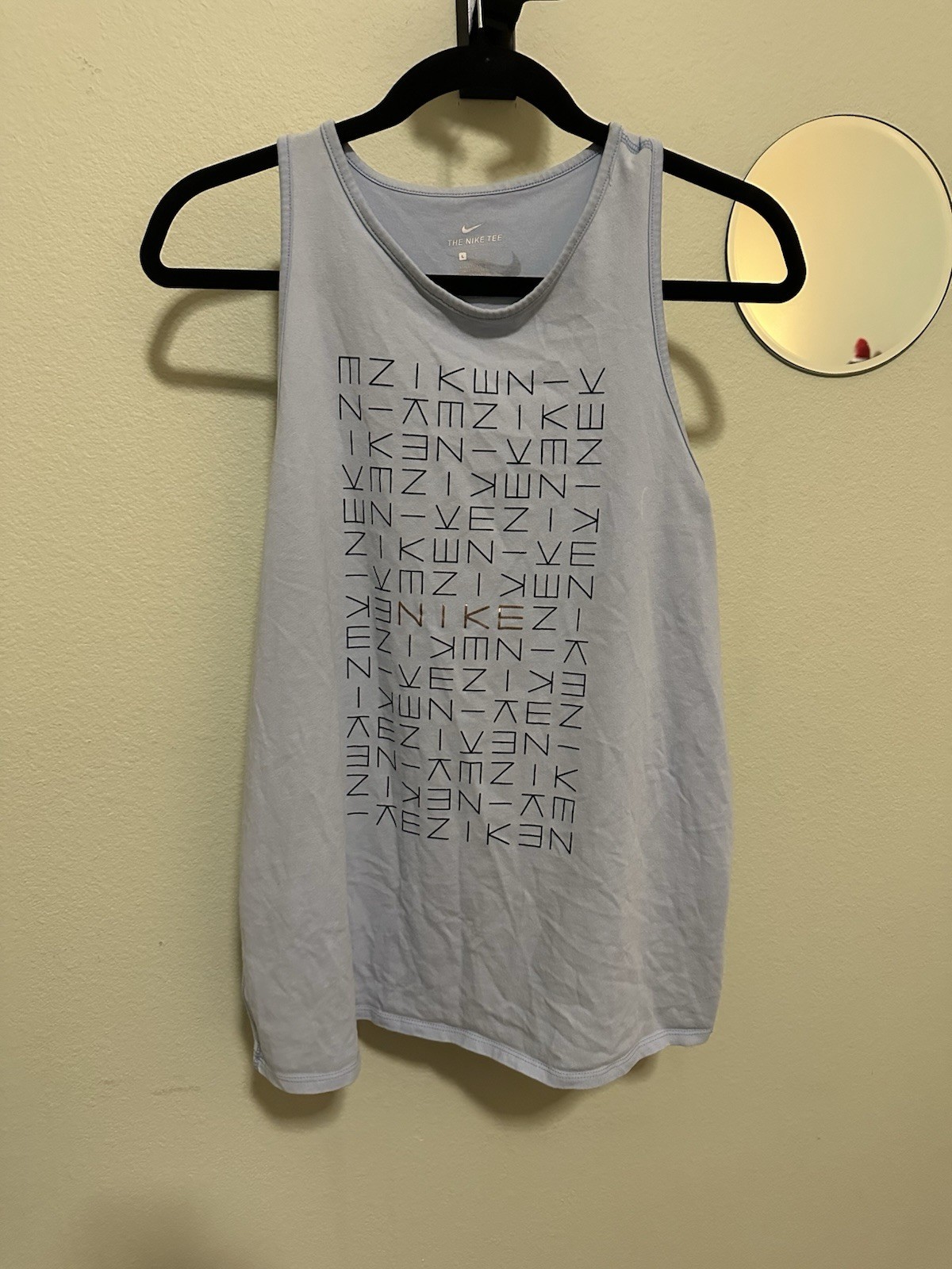Women’s Nike Tee Light Blue Tank Top Size Large Black Geo Lettering