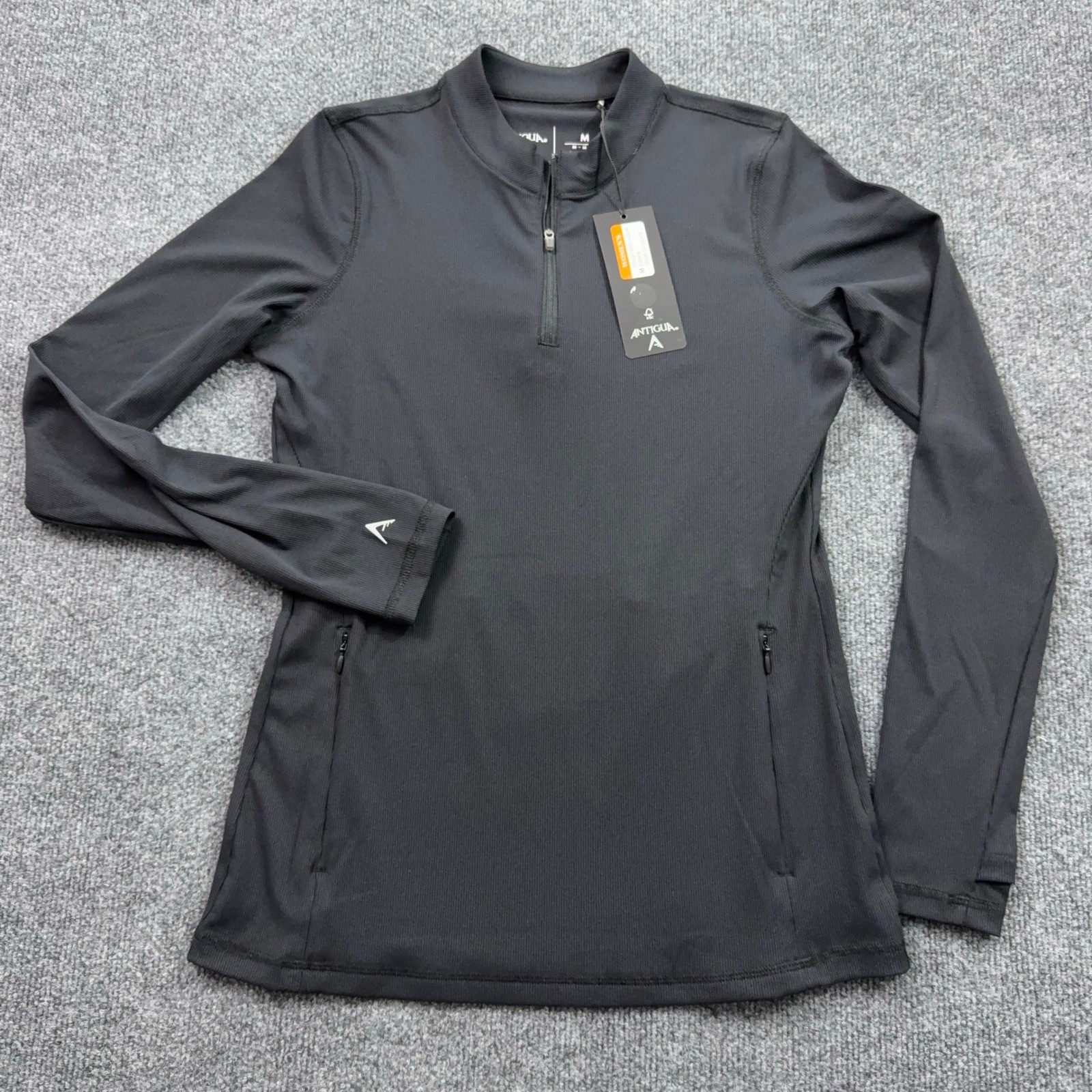 Antigua Venice Quarter Zip Pullover Womens Medium Black Ribbed Thumbhole 105418
