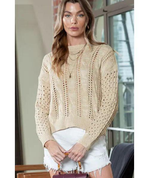 Full Size Openwork Cable-Knit Round Neck Knit Top-