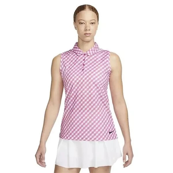 Nike Women’s XS Top Dri-Fit Victory Printed Sleeveless Polo Pink Gingham EUC