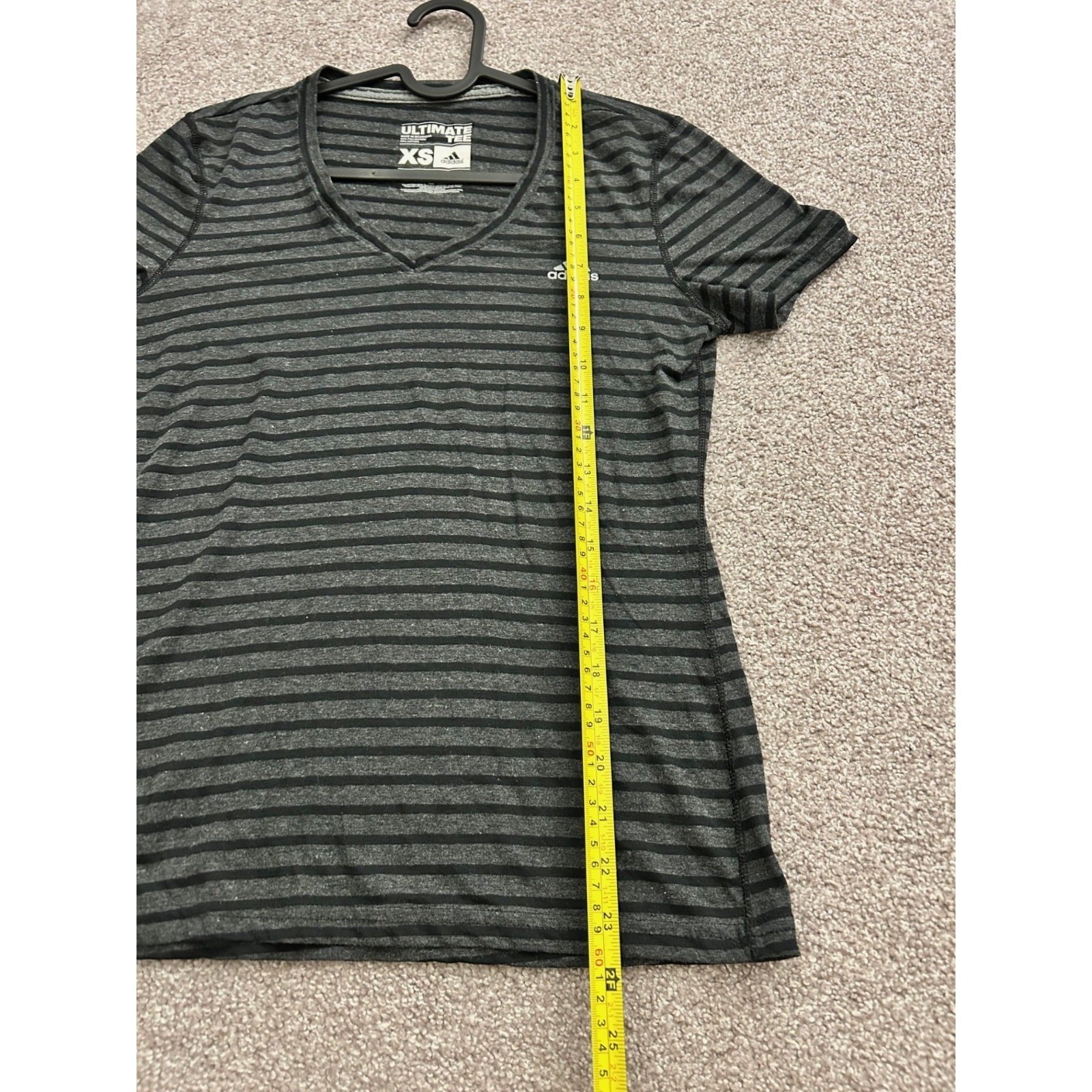 Adidas Ultimate Tee Womens XS Grey Black Striped V-Neck Short Sleeve Excellent