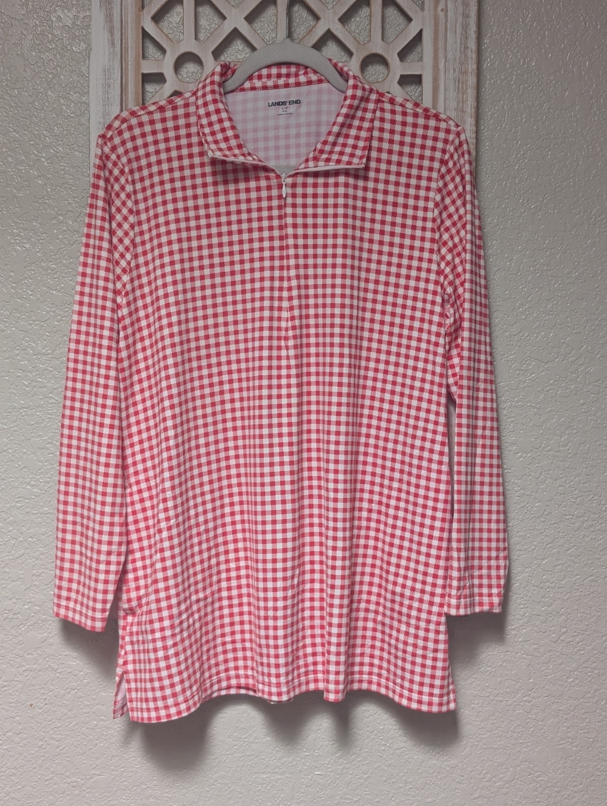 Lands’ End Women’s Large Gingham Nylon 1/4 Zip Pocket Stretch Activewear Top