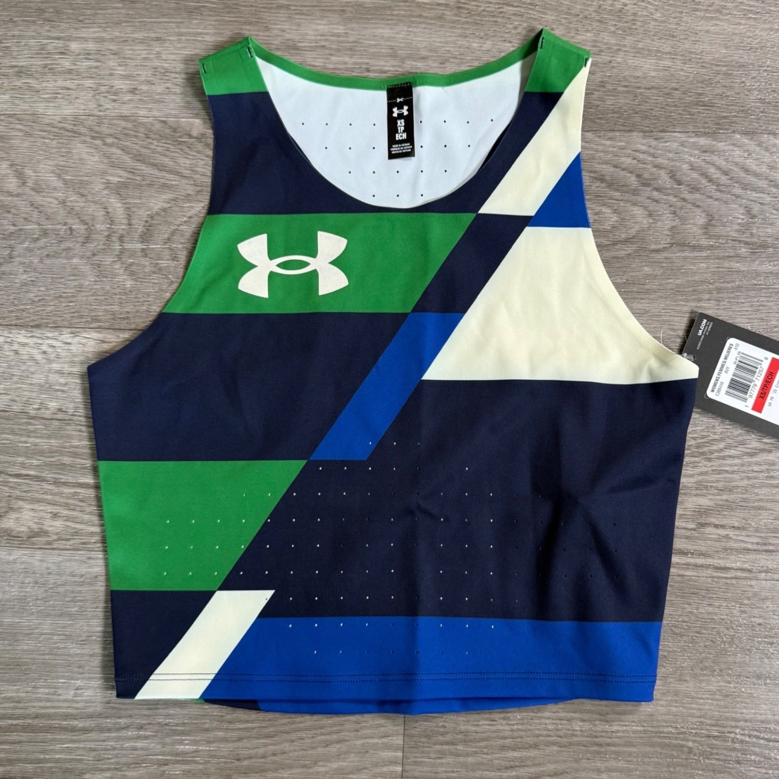 Under Armour UA PR 25 Crop Top Blue Green Geometric Colorblock 1388449 Womens XS