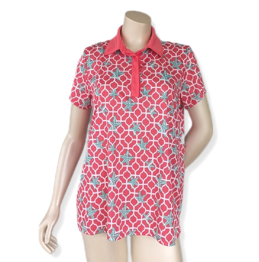 Crown & Ivy Golf Women’s Size L Coral Pink Starfish Beach Print Polo Shirt
