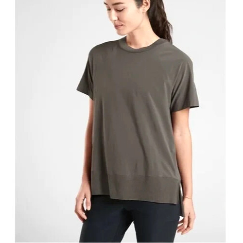 ATHLETA Dark Green RIBBED TRIM High-Low Hem ZEPHYR T-SHIRT/TEE/TOP Sz XS