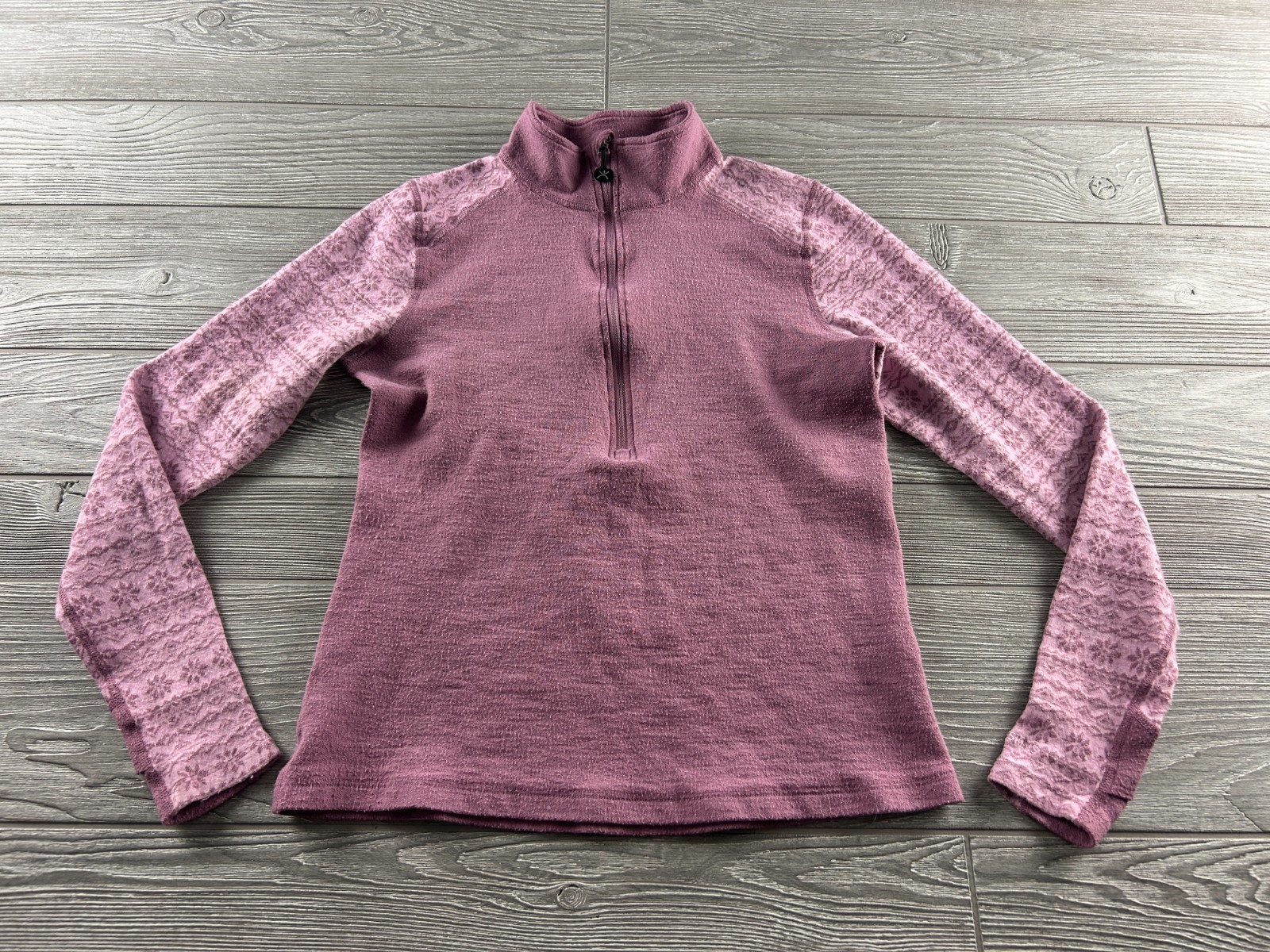 Terramar Merino Woolskins 1/4 Zip Pullover Thumb Hole Top Pink Snowflake Small