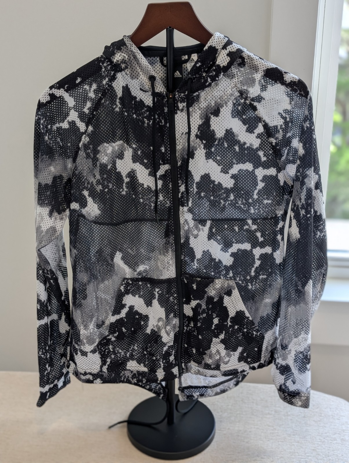 Adidas Sport ID Mesh Full Zip Hoodie Size S Black White Gray EUC Athleisure Yoga