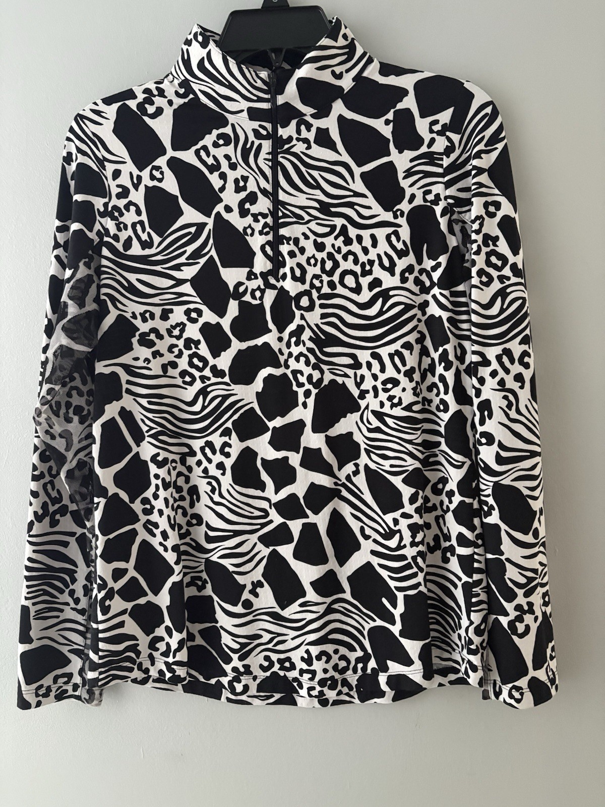 IBKUL 1/4 Zip Top Size Small Black White Animal Mesh Inset UPF50 Golf Tennis