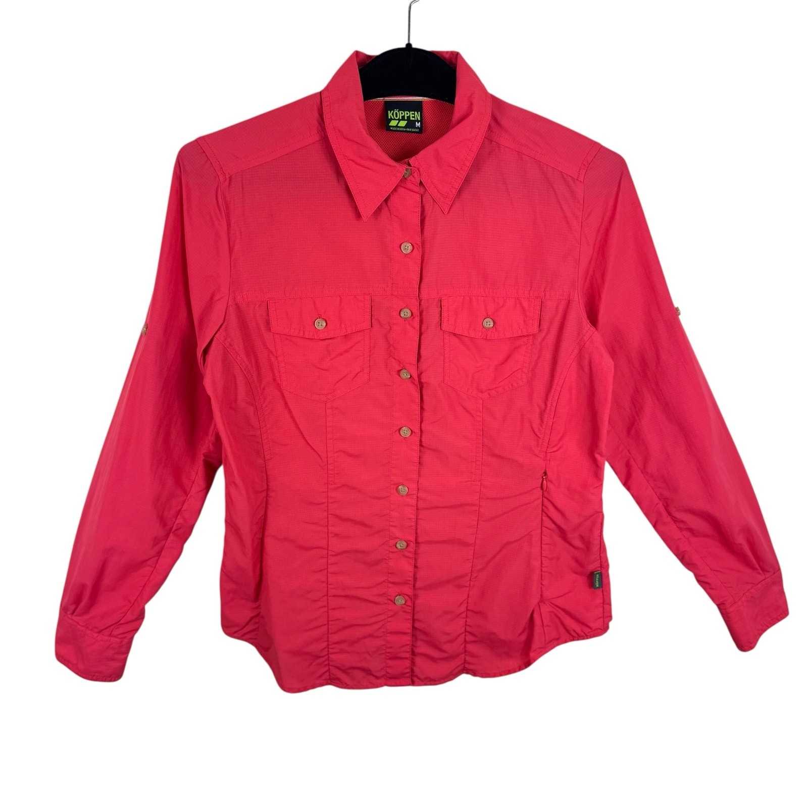 KOPPEN 100% Nylon Coral Insect Repellant Roll Tab Sleeve Button Up Fishing Top M