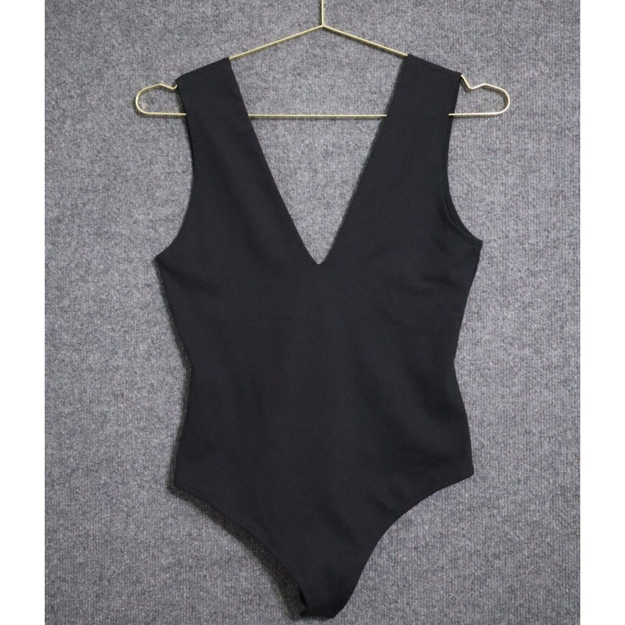 Free People Bodysuit Women Medium Black Thong Tank V Neck Play Snapsuit EUC
