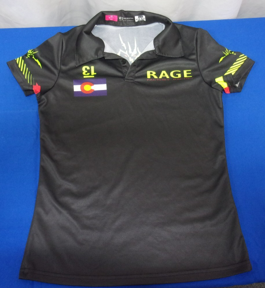 DESIGNER POLA RAGE VIE KUSTOM APPAREL RACING BLACK SHIRT WOMEN’S SIZE X-SMALL