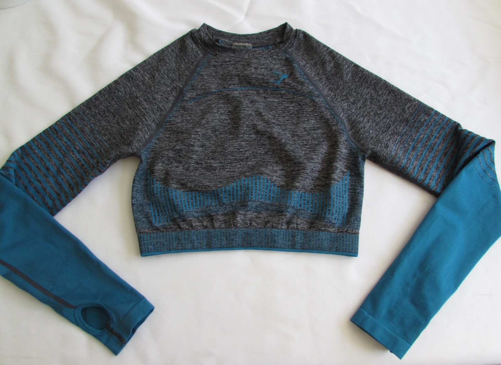 Gymshark Gray/Green Cropped Workout Top Active Long Sleeve Thumbhole Seamless M